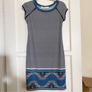 Max Studio Dress Blue Geometric Mini Cap Sleeve Wide Crewneck XS